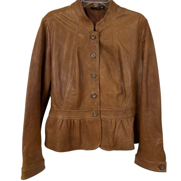 ANA Womens Genuine Leather Long Sleeve Jacket Brown Fall Winter Preppy Size XL - Picture 1 of 9